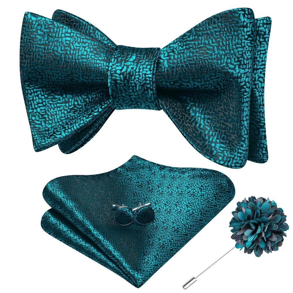7507 Self-tie Bow Tie with Lapel Pin Teal Blue Silk Solid Formal Bow Ties